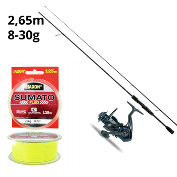 Spinning-Set – Jaxon Grey Stream 265/30, Jaxon Harmony HTX300 Rolle, geflochtene Schnur